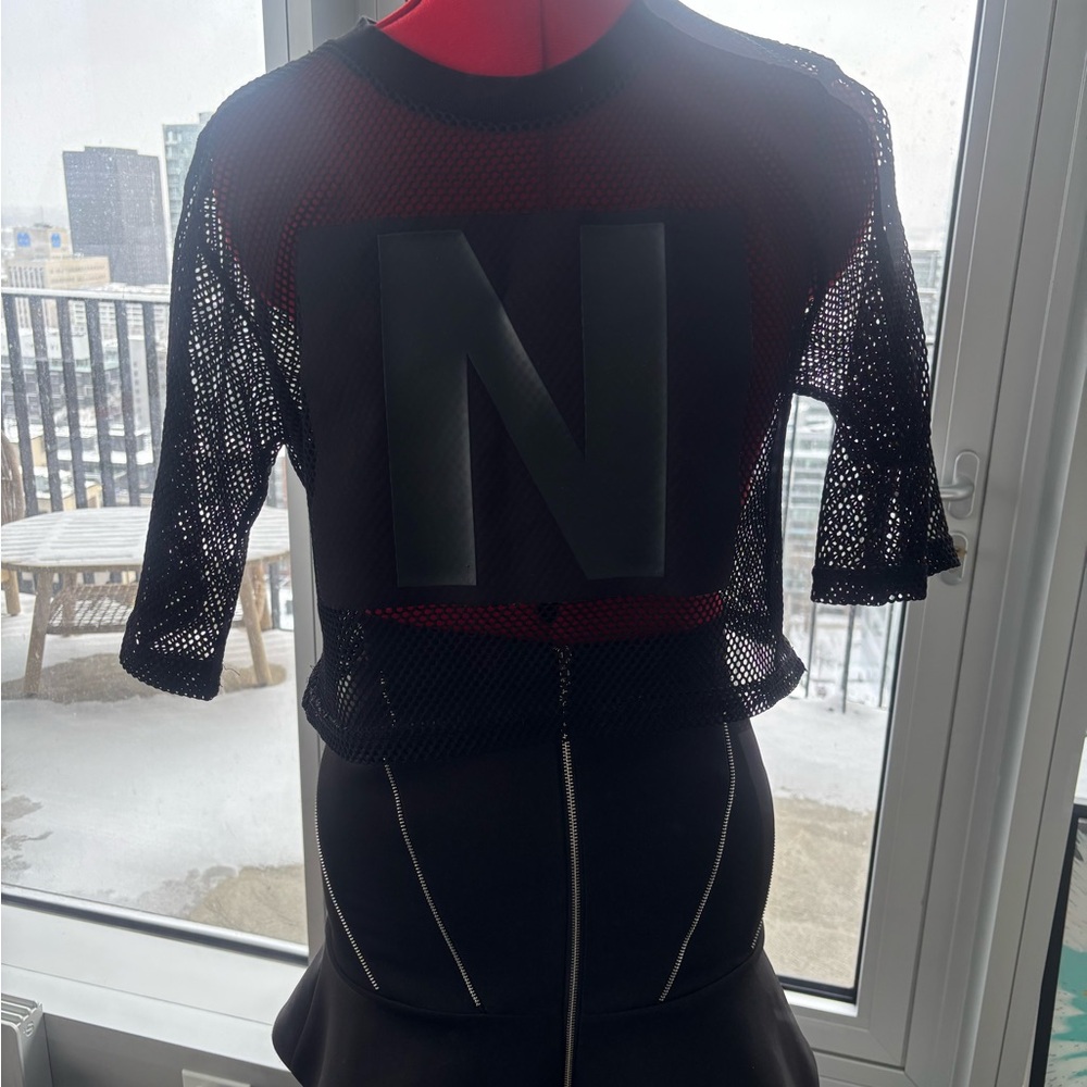 Black Mesh Crop Top with Large 'N' Detail